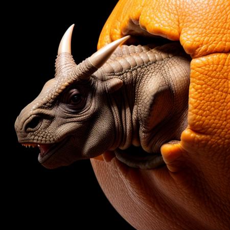 extreme closeup a baby Triceratops breaking out of an orange, (black background)