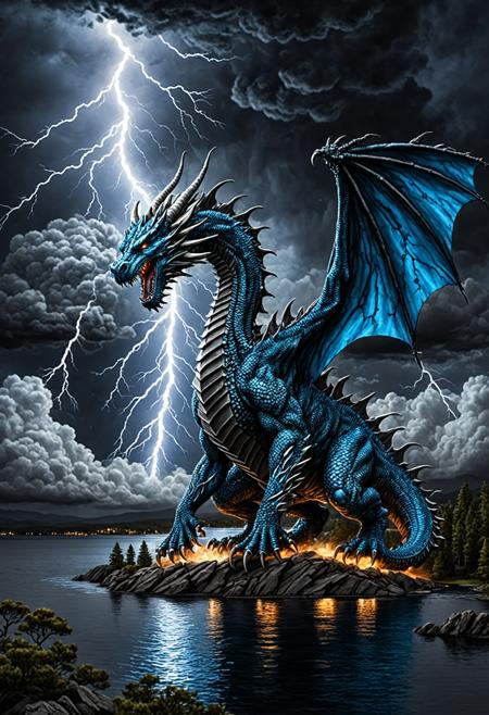 hyperrealistic art breathtaking  a lineart (vibrant alcohol ink sketch). A low thunderstorm front with dense dark clouds, creating twilight-like darkness. A huge bolt of mad-lgthng strikes from a nearby cloud, forming a legendary Thunder Dragon made of mad-lgthng with two massive wings of crackling electricity. The dragon has sharp, glowing eyes, electric blue metal scales, and powerful steel claws. Its serpentine body coils in a huge cloud, illuminated by a bright electric flashes. The scene is depicted in a highly detailed, surreal, and imaginative style resembling Midjourney, with dramatic lighting and intricate textures, black night sky with stars, lake, trees, distant hills, epic cloudscape , award-winning, professional, highly detailed . extremely high-resolution details, photographic, realism pushed to extreme, fine texture, incredibly lifelike