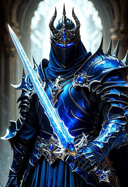 A closeup of fantastical image of a shadow knight, clad in flowing, flowing Sapphire robes, wielding an ornate gemstone blade. Jewels surround the blade’s hilt. Their eyes are filled with power and majesty, as they wield the sword in a fluid, dynamic motion. The shadow knight’s reflection highlights their magical power and dominance