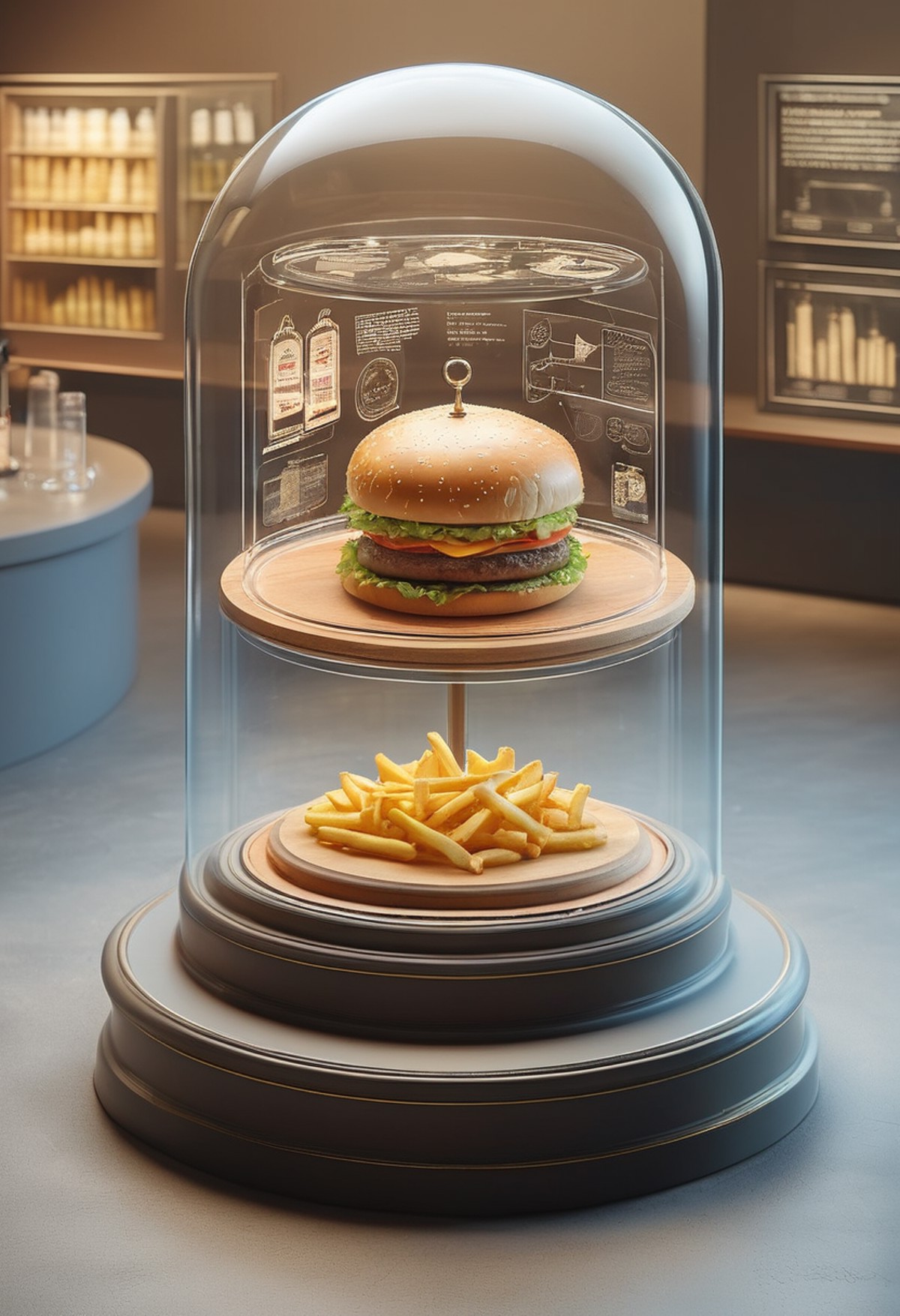 display case with a round base and bell jar top of hamburger and french fries