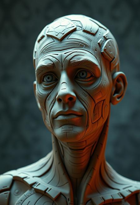 A clay sculpture of ilya kuvshinov standing against a wall, with intricate patterns and sharp eyes. The scene is made in Maya by Ruan Jia's masterpiece Beautiful Painter, rendered using Unreal Engine 4 for depth, Film grain, cinematic film still, highly detailed, highly contrasted, dynamic pose, high budget, cinemascope, gorgeous, 2000s vintage RAW photo, photorealistic, color graded cinematic, natural, extreme quality