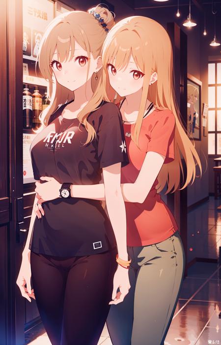 masterpiece, best quality,
2girls, blonde hair, bracelet, breasts, hair bun, hug, hug from behind, jewelry, long hair, looking at viewer, multiple girls, pants, red eyes, shirt, short sleeves, smile, watch, wristband, wristwatch, yuri,