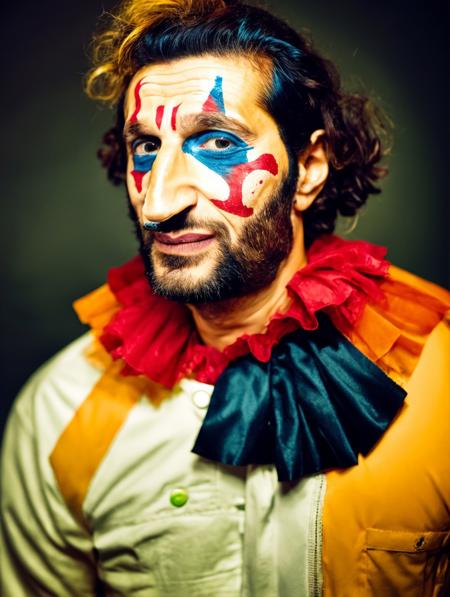 portrait photo of (Fares Fares:1.3) in a clown costume, red nose, face paint, front view, shoulders, middle-aged daddy, skin detail, pores, (messy:1.2) medium long hair, studio light, natural lighting, 4k uhd, dslr, soft lighting, high quality, Fujifilm XT3 <lora:Fares_FaresSD15_v1a-000015:0.9>