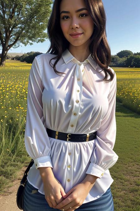 masterpiece,beautiful,extremely detailed,(ultra high res),(8k UHD best quality), (realistic, photo-realistic:1.37), depth_of,field, blurry_background, photo_inset,Dramatic lighting,reference_inset,photo_background,black eyes,photorealistic,looking_at_viewer,1girl,shiny skin,detailed skin,(((upper body))),(((White blouse))),Enchanting meadow with wildflowers,yuma <lora:yuma asami:1>