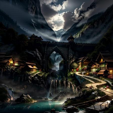 (masterpiece:1.2), (best quality,:1.2), 8k, highly detailed, fantasy, (extremely intricate), (photorealistic), professional light, cinematic lighting, ambient lighting, FanLan, <lora:FantasyLandscape-10:1>, a smalle village in the mountains with a waterfall and a bridge