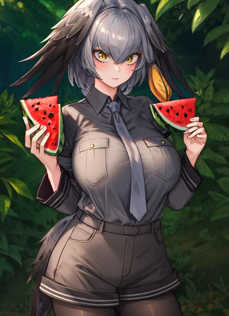 beautiful, masterpiece, best quality, realistic photo of 1girl, shoebill, huge breasts, holding watermelon, bees, collared shirt, grey hair, grey necktie, grey pantyhose, grey shirt, grey shorts, hair between eyes, head wings, highres, kemono friends, layered sleeves,  <lora:my_LoRA_ShoebillKemonoFriends_v1:0.7>