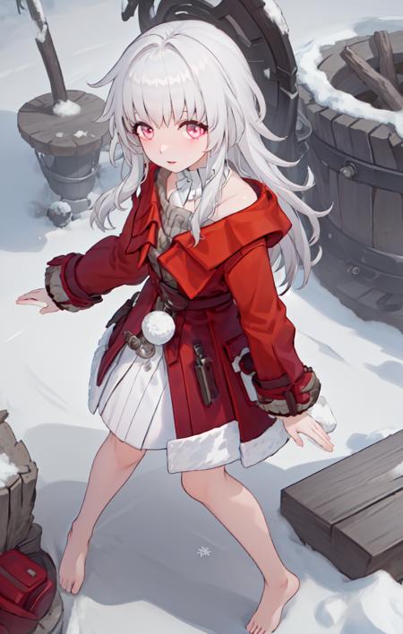 (best quality:1.3),(masterpiece:1.3),(illustration:1.3),(ultra-detailed:1.3),(imid shot:0.9),

1girl, solo, red jacket, sleeves past wrists, long hair,  barefoot, long sleeves, simple background, full body, coat, grey hair, looking at viewer, 
very young, upper body ,short neck, small breasts,

from side,from below,close-up, 

pink eyes, jewel-like eyes,

snowflakes, snow, forest, wooden floor, sunlight, morning,  log cabin