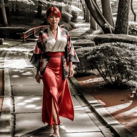 nsfw, hyperrealism, detailed real 8k photo of a ((35 year-old woman, adult)), Shag haircut, Red hair, ((Andamanese, Kimono Jacket, Maxi skirt)), Toned body, Walking pose, park, cinematic lighting, HDR, romantic,