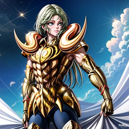 masterpiece, best quality, highres, solo, 1girl, subtle smile, detailed background,medium breasts,fingerless gloves ,<lora:more_details:0.8>, pauldrons,(gold armor:1.5),  <lora:aries:0.9>,aries,shoulder armor