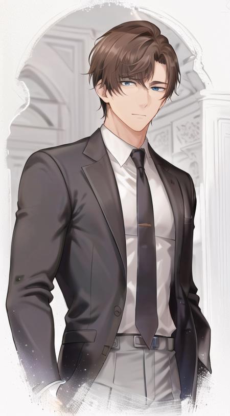 <lora:zuoran:0.56>, 1boy, blue_eyes, brown_hair,  black_necktie, black_suit, formal,  male_focus, necktie, upper body, shirt,((solo)), suit