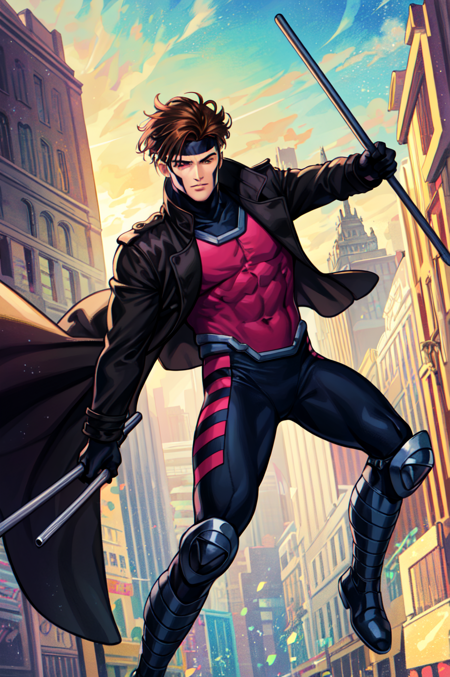 <lora:Remy_Lebeau:0.7>  Le Diable Blanc, Gambit, Remy Lebeau, detailed eyes , detailed face, shiny skin, masterpiece, best illustration, 1boy, male focus, brown hair, cityscape, gloves, solo, city, holding, boots, weapon, sky, short hair, bodysuit, coat, black gloves, black bodysuit, black footwear, long coat, knee pads, holding weapon, zoom out, wide shot, rule of thirds, [bottle bottom]