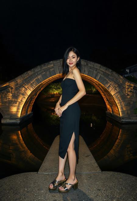 DSLR-style, slender, elegant 26-year-old Korean model, translucent pale skin with natural texture, soft shadow on cheek, diffused daylight from side, parted lips, masterpiece, ultra high-res  
<lora:NOOB_vp1_detailer_by_volnovik_v1:1>
barely visible pores, subtle skin texture variation, translucent skin tone, full body. 
"A full shot of a slender person with dongtan dress, dark hair, smiling and looking directly at the viewer. They are wearing a black, dongtan dress. The person is also wearing metallic silver platform sandals with clear straps. They are standing a stone arched bridge at night, illuminated by warm lights that highlight its architectural details. The bridge spans a calm body of water, where its semi-circular form is reflected perfectly, creating the illusion of a full circle or moon shape. The surrounding environment is dark, with hints of greenery and other architectural elements visible in the background, suggesting an urban or park setting at night."