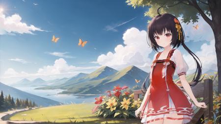 (masterpiece:1.331), best quality,
illustration,
(1girl),
lingyuan yousa, flat chest,red eyes,
standing,looking at viewer,upper body, 
spring, flowers, sunshine, park, trees, breeze, butterflies, bees, lawn, green hills, mountain peaks, clouds and mist, nature, beauty, vitality,<lora:lingyuan_yousa-000008:0.70>