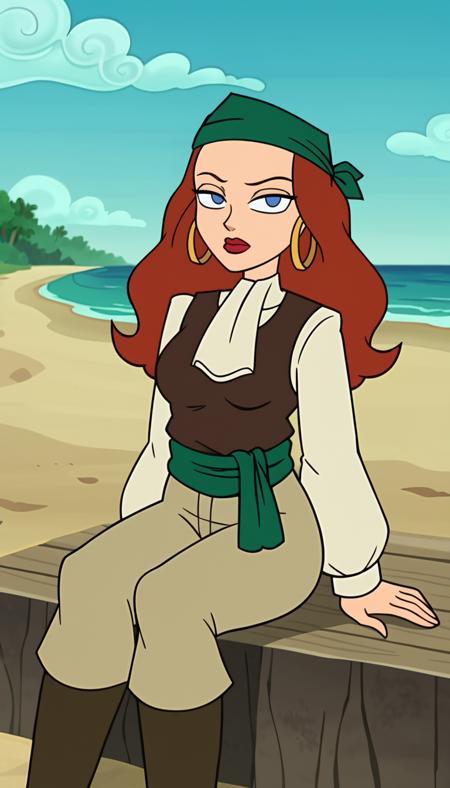 Elaine Marley, long hair, red hair, blue eyes, no pupils, shihakugan eyes, mob psycho eyes, red lips, forehead,  white shirt, vest, puffy long sleeves, hoop earrings, sash, hat, bandana, pants, knee boots,