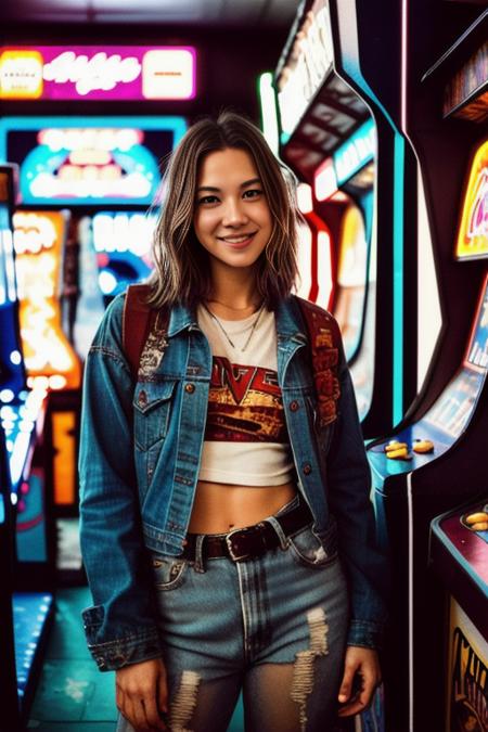 ((wide angle)) ((movie poster)), ((wearing casual grunge clothes)) ((at an arcade)), ((looking at camera)), big smile, PDMClara, Detailed, Detailed pretty face, Sharp Focus, (Detailed and intricate), Leica 35mm F2.8, Fuji Superia Reala 100, <lora:PDMClara:0.9>