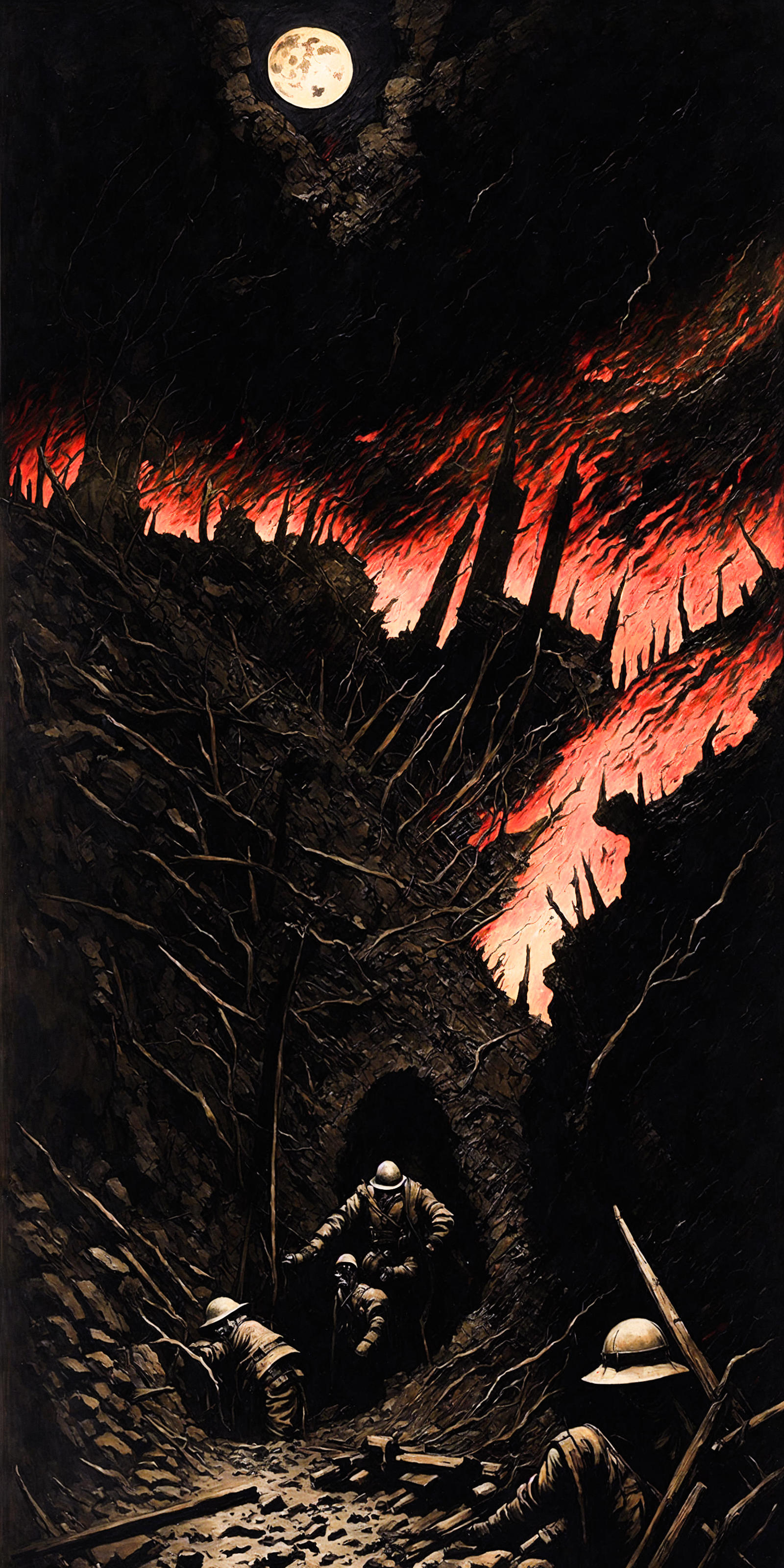 A painting of a dark cave with fire and a person inside.
