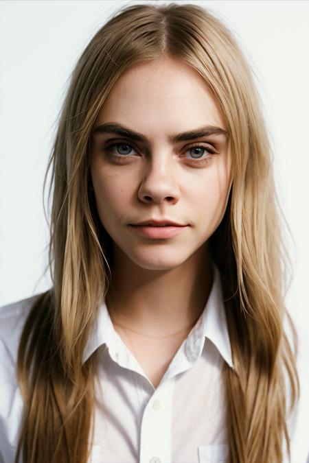 RAW photo, portrait of a woman, (caradelev1ngne_ti-4600:0.99), wearing a white shirt,long blonde hair,round eyes,25 years old,smirking, (high detailed skin:1.1),simple background, 8k uhd, dslr, soft lighting, high quality, shot on arri alexa xt