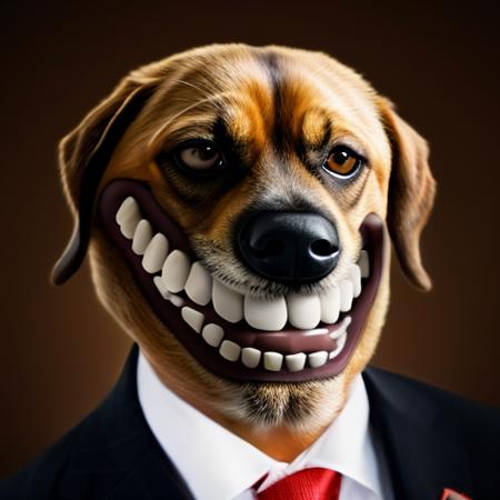 RAW photo,  dog, three-quarter, tr0ll face, wearing suit <lora:tr0ll-000040:1>, 8k uhd, dslr, soft lighting, high quality, film grain, Fujifilm XT3, simple background