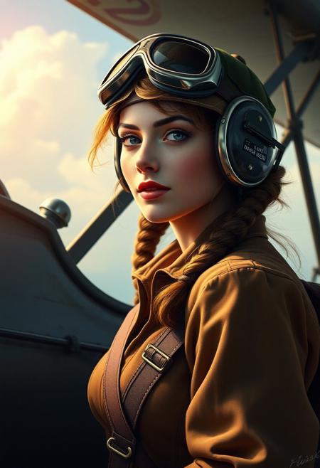 Masterpiece. (title text on top: "Need buzz to fly"), Illustration of a beautiful woman, vintage aircraft pilot, early twentieth century, high-res, semi realistic, best quality, intricate details, ultra details, good lighting, vibrant colors, very detailed, octane render, ray tracing,