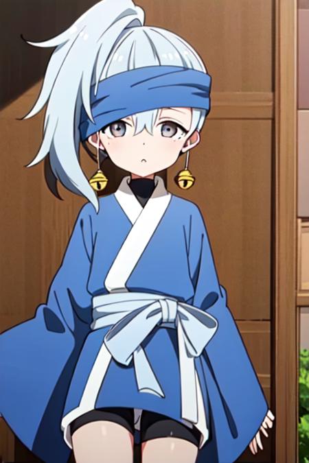 masterpiece, best quality, <lora:kunoichi_kikyou:0.7> 1girl, solo, grey eyes, grey hair, ponytail, blue headband, single jingle bell, kimono, one long sleeve, wide sleeve, bike shorts, looking at viewer, cowboy shot,