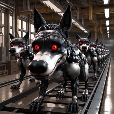 a futuristic assembly line of cybermutant dogs with glowing red eyes and cybernetic components in an industrial facility. The image is in the cartoonish 2d style of ThePit