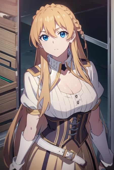 su mucheng, long hair, blonde hair, blue eyes, hair between eyes, braids, hair braid, su mucheng, long hair, blonde hair, (yellow eyes:1.5), braids, hair braid, googles, googles on head, gloves, cleavage, shirt, juliet sleeves, corset, skirt, brown skirt, white shirt, sweater, jacket, fur trim, fur-trimmed jacket, pink jacket, pantyhose, skirt, white sweater, white skirt,