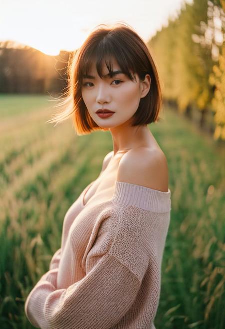 35mm film, one sexy girl, supermodel, shiny skin, short hair, bangs, prefect face, makeup, blush, parted lips, big tits, cleavage, thin waist, off shoulder sweater, oversize sweater, long sleeves, (looking at viewer), field grass, maple trees, golden hour, film grain, (upper body),