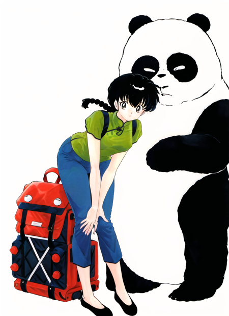 takahashi rumiko,  masterpiece, best quality, 1990s \(style\), saotome genma \(panda\) , ranma-chan, 1girl, alternate hair color, backpack, bag, black hair, braid, capri pants, chinese clothes, flats, hands on own knees, leaning forward, no socks, panda, pants, single braid <lora:takahashi_rumiko_offset:1.2>