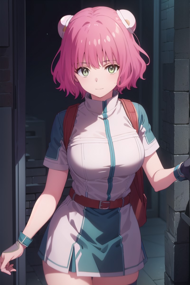 ariesspring, <lora:aries spring s1-lora-nochekaiser:1>,
aries spring, short hair, (green eyes:1.3), pink hair, hair bun, d...