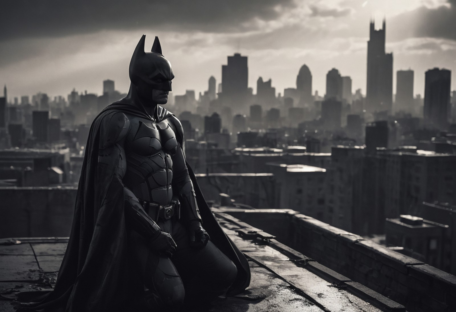 A cinematic photograph capturing the iconic silhouette of Batman perched atop a Gotham City rooftop, inspired by the dark ...