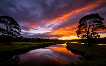 wide shot,Dramatic sunset at the Waikato River, with rich orange and purple hues reflecting on the water. Silhouettes of lush riverbanks and distant trees frame the scene, while the sky transitions to dusk, creating a breathtaking natural canvas of tranquility,, sweeping landscapes, unique perspectives, epic scale, revealing hidden beauty, showcasing vastness, immersive experience, precise compositions, expert piloting, dynamic angles, cinematic storytelling, showcasing natural wonders, aerial exploration