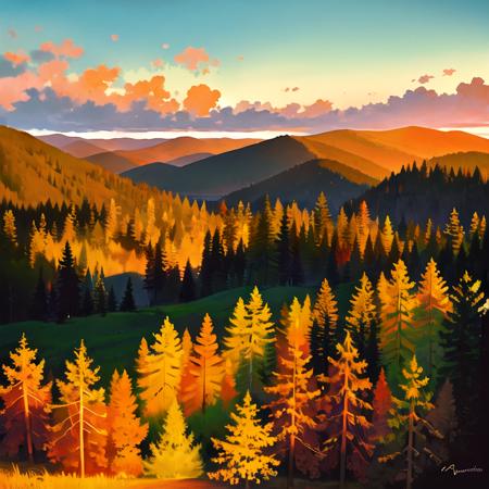 (masterpiece:1.2), best quality, masterpiece, highres, original,perfect light, 4k,8k,autumn, autumn leaves, campfire, cloud, cloudy sky, dusk, evening, fire, forest, gradient sky, horizon, leaf, maple leaf, mountain, mountainous horizon, nature, no humans, orange sky, orange theme, outdoors, red sky, scenery, sky, sun, sunrise, sunset, tree, twilight, <lora:Ghibli-v2:0.7>