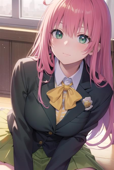 laladevilluke, <lora:laladeviluketest:1>,
lala deviluke, long hair, pink hair, tail, ahoge, bangs, hair ornament, (green eyes:1.5),
BREAK school uniform, white shirt, (yellow blazer:1.5), blazer, ribbon, green ribbon, pleated, pleated skirt, skirt, (green skirt:1.5),
BREAK looking at viewer,
BREAK indoors, classroom,
BREAK <lora:GoodHands-vanilla:1>, (masterpiece:1.2), best quality, high resolution, unity 8k wallpaper, (illustration:0.8), (beautiful detailed eyes:1.6), extremely detailed face, perfect lighting, extremely detailed CG, (perfect hands, perfect anatomy),