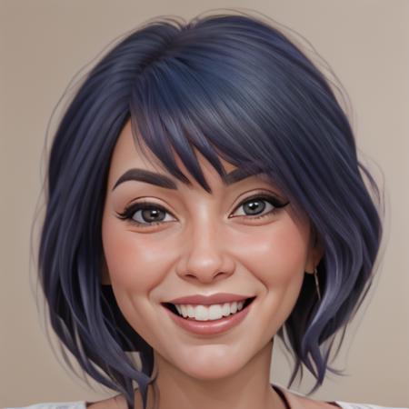 Close-up portrait of Evelyn, mature, smiling, short dark-blue hair, <lora:Evelyn:1>