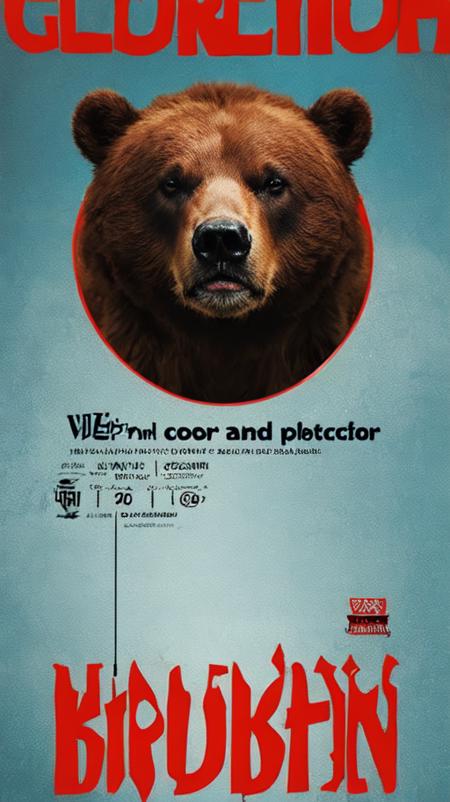 (poster),inem,movie poster,cinematic_angle,<lora:poster V1B:1>,brown bear,the core of environmental protection,growl,