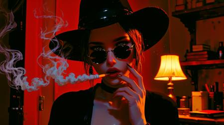 Cinematic noir-style scene, a mysterious woman wearing a wide-brimmed black hat and dark sunglasses exhales a cloud of cigarette smoke, partially obscuring her face. She is facing the viewer, and  sits in a dimly lit room with a reddish, desaturated color palette, evoking a grungy and surreal atmosphere. A warm, blurred lamp glows softly in the background, casting a hazy yellow glow over the cluttered walls. The woman’s expression is unreadable, effortlessly cool and detached, with an air of rebellion. Inspired by late '90s cult film aesthetics, dramatic lighting, and shallow depth of field.  

