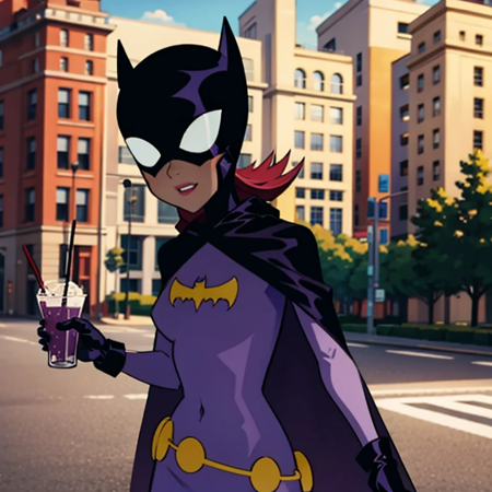 batgirl,1girl,solo,mask,white eyes,no pupils,black cape,bat print,purple bodysuit,utility belt,black gloves