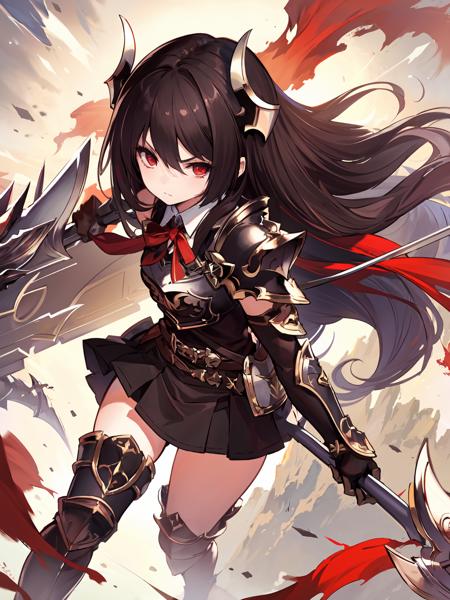 masterpiece,best quality,highres,1girl,<lora:ForteV2:0.75>,looking to the side,portrait,from random point of view,dual wielding, white lance,black lance,dragon,holding,weapon,armor,black thighhighs,skindentation,red eyes,serious