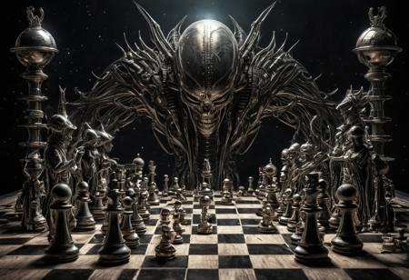 Cosmic chess, 
an interestellar chess game where cosmic elements serve as chess pieces on an astronomical board, 
stargate, 
fire ball and comets as pieces of chess, 
gods playing chess, 
few pieces of chess, 
planets, 
style biomech art, 
by H R Giger, 
alien symmetrical portriat science ai, 
intricate details, 
complex, 
very high contrast, 
sinister energy, 
alien atmosphere, 
dramatic light, 
shiny details, 
concept art, 
very sharp focus, 
intrincate details, 
intricate painstaking attention to detail, 
award winning, 
8k, 
crisp quality, 
hyperrealistic, 
exquisite craftsmanship, 
hdr, 
masterpiece, 
luscious, 
mesmeric, 
dreamy, 
eye-catching, 
dark circles, 
pretty, 
excellent, 
gorgeous, 
adorable, 
classy, 
stunning