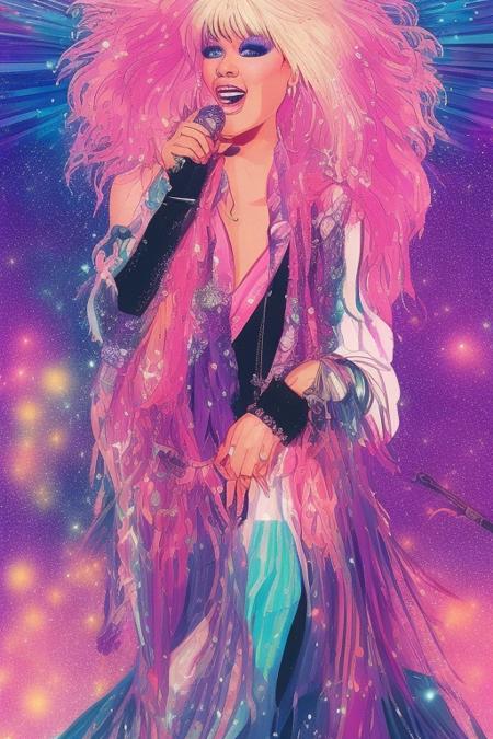 illustration style, Jem and the Holograms, portrait, 1980s, Rock star, 1girl, solo, looking_at_viewer,  microphone, sparkling glitter background, art by artgerm, wlop, ring light,  duskgem