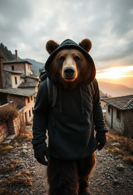 Closeup of an anthro grizzly bear urban explorer wearing a black hoodie walking through an abandoned italian village on a mountainside during early morning. The bear is carrying a backpack with a sleeping bag. The sun is rising and the slightly overcast sky has a tinge of yellow towards the horizon. Highly detailed high contrast photograph with high dynamic range and vibrant shadows and light.