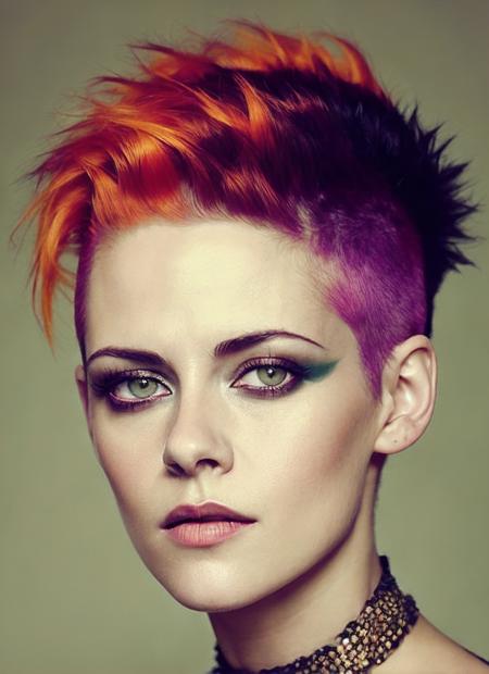 portrait of sks woman by Flora Borsi, style by Flora Borsi, bold, bright colours, orange Mohawk haircut, ((Flora Borsi)), <lora:locon_kristenstewart_v1_from_v1_64_32:1.3>