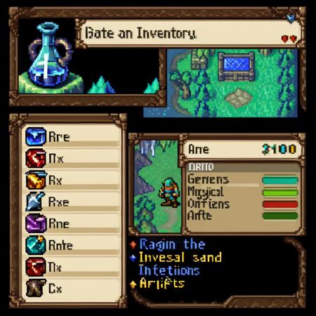 ATo generate an image of an inventory screen from a turn-based RPG game in a video game style, use this prompt: 'A detailed and organized inventory screen from a turn-based RPG, showcasing various items like potions, weapons, and magical artifacts. The layout is user-friendly, with clear sections for different item categories. Each item is represented with an icon, alongside text descriptions. The screen has a fantasy-themed design, with intricate borders and a color palette that suggests a mystical world. The UI elements are sleek yet evoke a sense of adventure, typical of classic RPG games,  <lora:gbaplay_rpg:0.75>