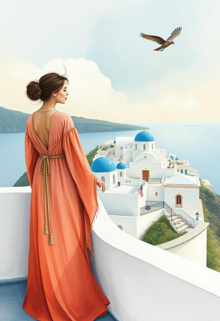A chic woman in a flowing kaftan standing on a white balcony, gazing over the blue rooftops of Santorini
,
whimsical yet surreal illustration, soft watercolor naturalism blended with eerie dreamlike symbolism, anthropomorphic animals in mysterious landscapes, delicate fine brushwork with hidden unsettling details, nostalgic storybook atmosphere with quiet surreal undertones, transformation and metamorphosis themes