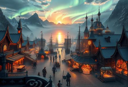 Captivating fantasy scene:
packed pirate dock, multiple pirate ships and stalls
Palace features:
Bright, ribbons of aurora lights arc out like paths,
European architecture,
Sweeping curves and dynamic shapes
Wooden and Cobblestone surfaces with a white and metalic gold gold, reflective quality
Dramatic lighting highlighting key architectural elements
Setting:
jagged mountains in distance, sun rising over the tops,
a mass of buildings surrounding environment, a large river cuts through the middle towards the center of the island, a number of bridges connect both sides.
Misty, breathtaking scene
Color palette:
White, Metalic Golds, vibrent colors, aurora borealis, fantasy market colors with rustic natural colors from wood and stone architechture,
Lighting:
Golden hour, otherworldly glow illuminating the dock
Soft, amazing light emanating from within the structure
Additional elements:
Large sea monsters captured and hauled off trading ships, ships being repaired,
aurora borealis above clouds, huge pirate ships loam overhead, large cafes, fast food chains, large hotels and ornate buildings,
Trident patterns built into architechture and on flags,
Faint, figures or creatures in the foreground or background,
Style: Hyper-realistic digital art with a touch of surrealism
Mood: Awe-inspiring, bright, and mysterious
Composition: Extreme-Wide-angle view to showcase the docks's scale, with a low angle to emphasize its scale and mass of buildings