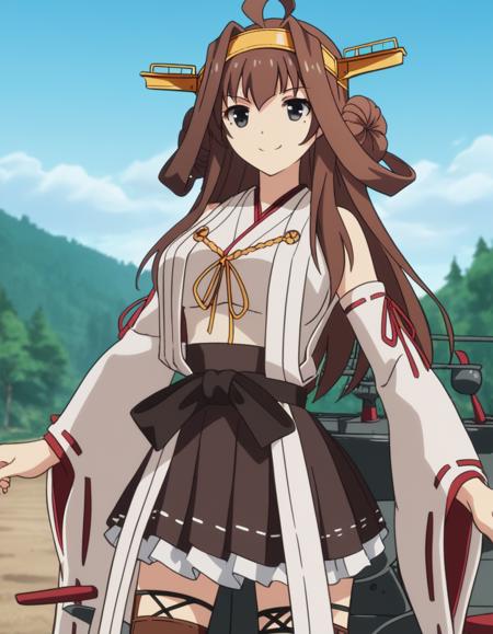 kongou, long hair, brown hair, ahoge, black eyes, hairband, hair bun, double bun, kongou (kancolle), large breasts, skirt, thighhighs, detached sleeves, japanese clothes, headgear, nontraditional miko,