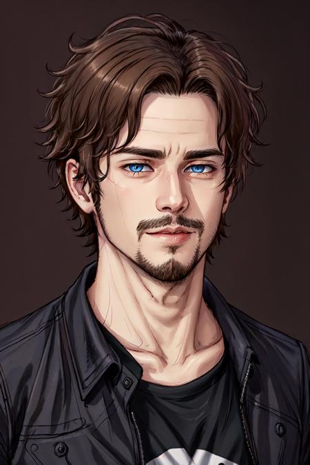 Xander Ellis,  solo,  looking at viewer,  short hair,  blue eyes,  brown hair,  shirt,  1boy,  closed mouth,  jacket,  male focus,  black shirt,  facial hair,  portrait,  realistic,  light stubble, <lora:EMS-45587-EMS:0.400000>