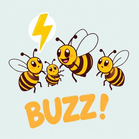 Group of Bees, a cartoon lightning bolt, the word "BUZZ?"
