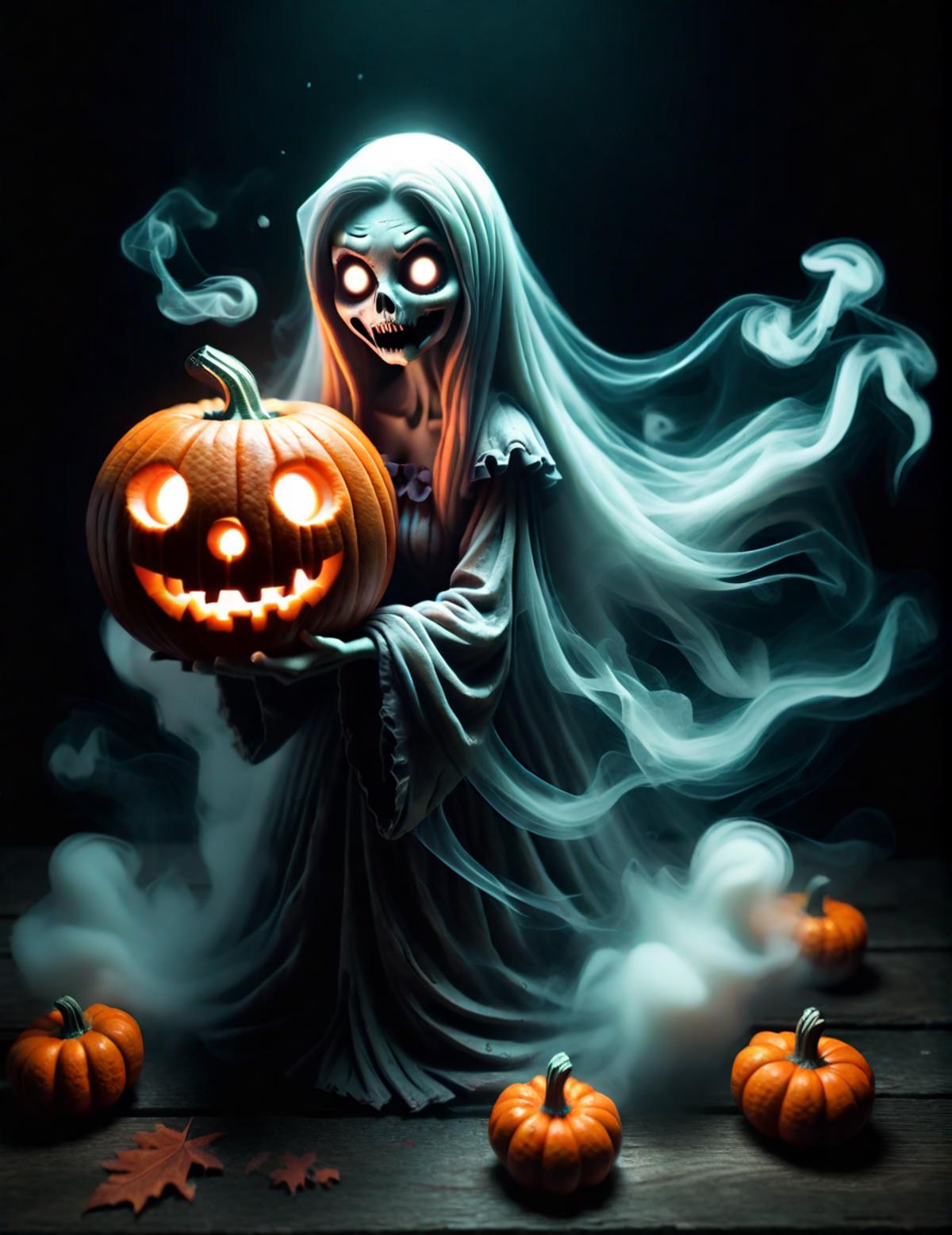 A spooky scene of a ghost holding a pumpkin in a dark setting.