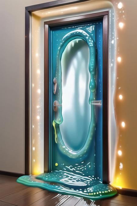 slime-morph, sl1m3d, made of slime, slime door, bright lights, ultra realistic